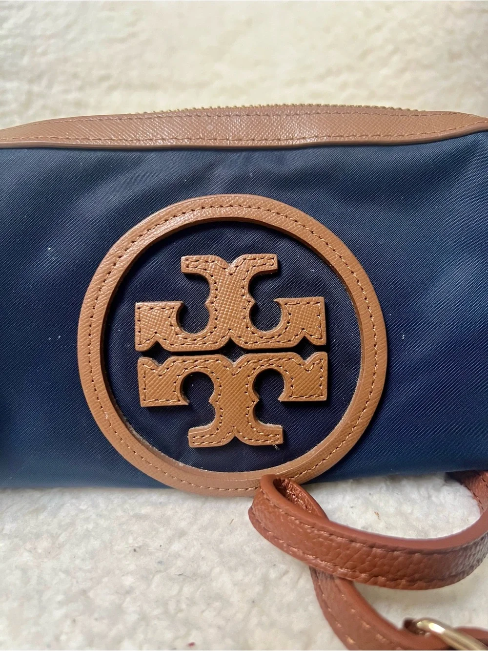Tory Burch Navy and Brown Embossed Logo Upcycled Beauty to Crossbody Bag